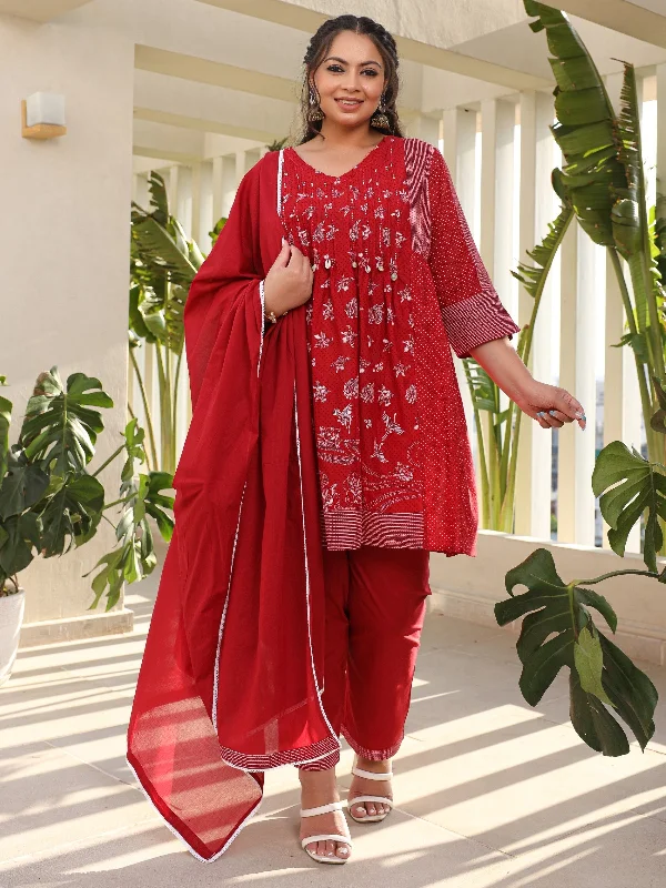 Juniper Women Red Ethnic Motif Printed A-Line Cotton Plus Size Kurta Pants & Dupatta Set With Pintucks At Front & Beadwork (3-Pcs)