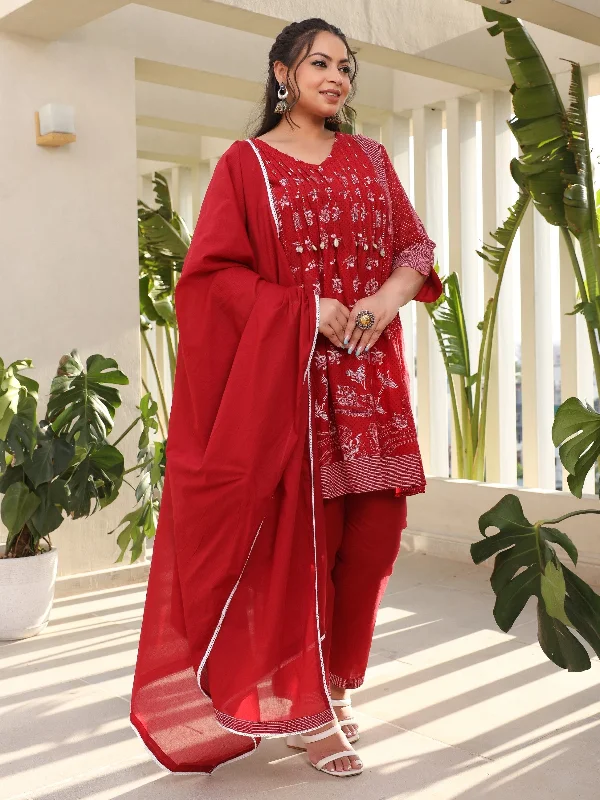 Juniper Women Red Ethnic Motif Printed A-Line Cotton Plus Size Kurta Pants & Dupatta Set With Pintucks At Front & Beadwork (3-Pcs)