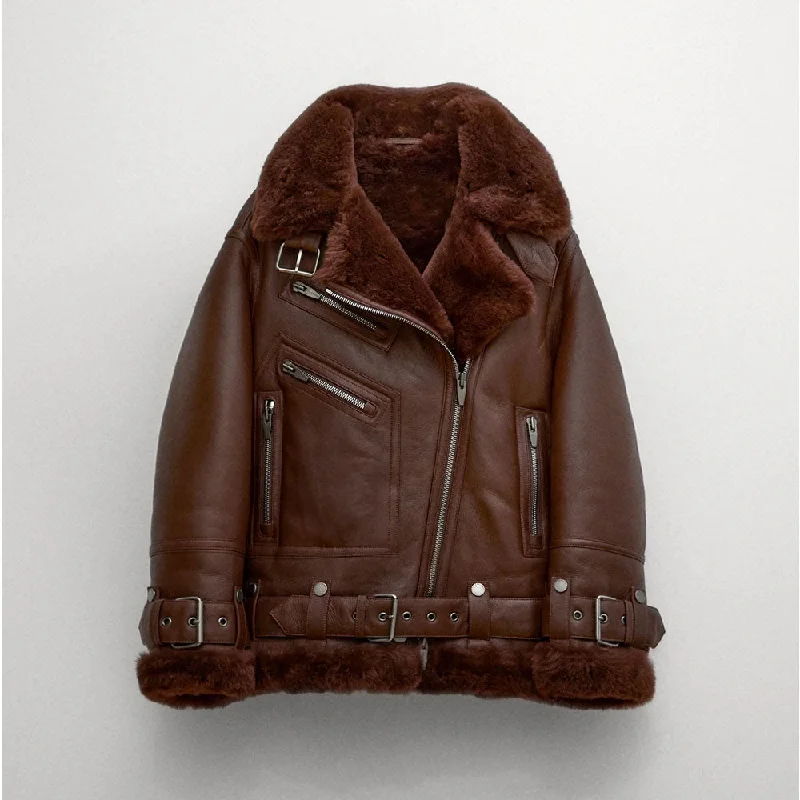 Women Sheepskin Shearling Brown Aviator Styled  Leather Jacket