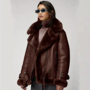 Women Sheepskin Shearling Brown Aviator Styled  Leather Jacket