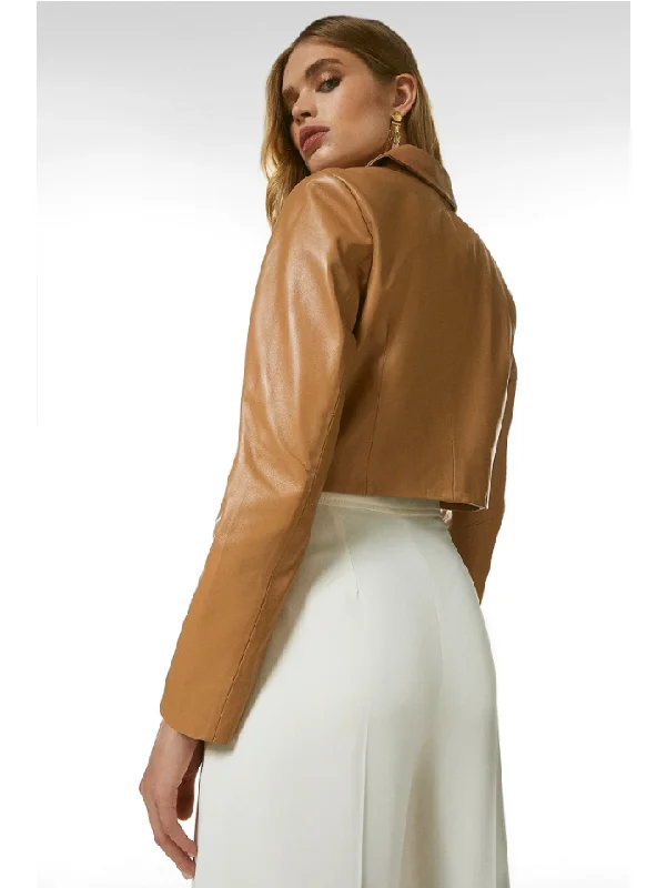 Women’s Tan Beige Sheepskin Leather Blazer Cropped Short Fit