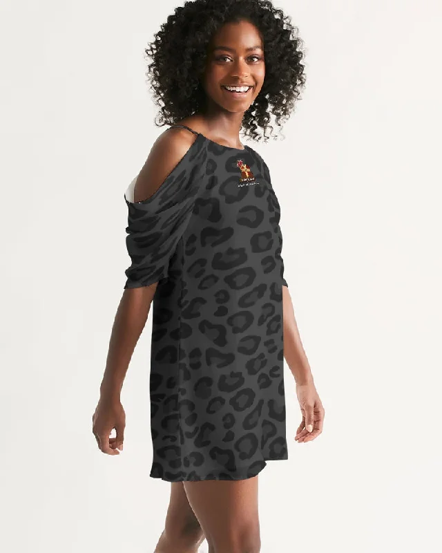 AKH Black Leopard Women's Open Shoulder A-Line Dress