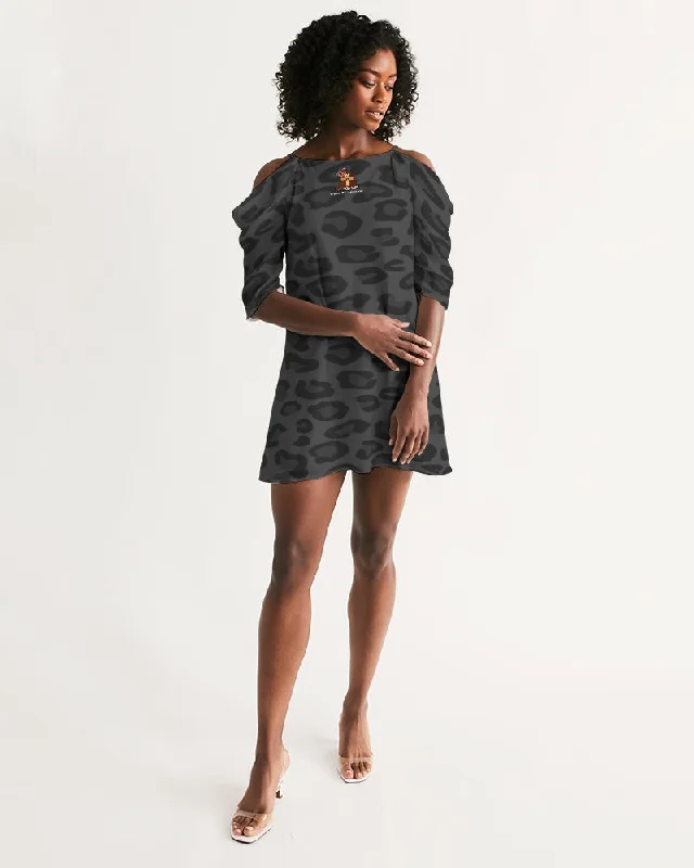 AKH Black Leopard Women's Open Shoulder A-Line Dress