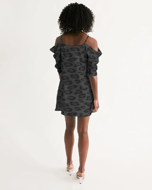 AKH Black Leopard Women's Open Shoulder A-Line Dress