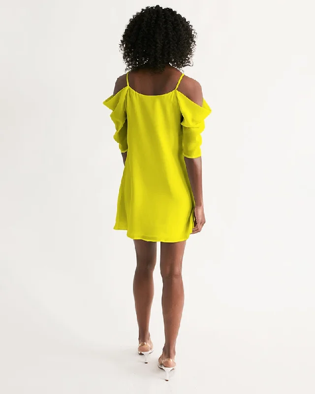 AKH Yellow Women's Open Shoulder A-Line Dress