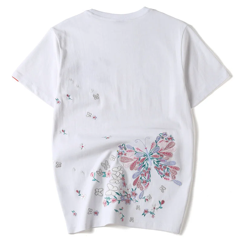 Butterfly Embroidery 100% Cotton Short Sleeve Unisex T-shirt