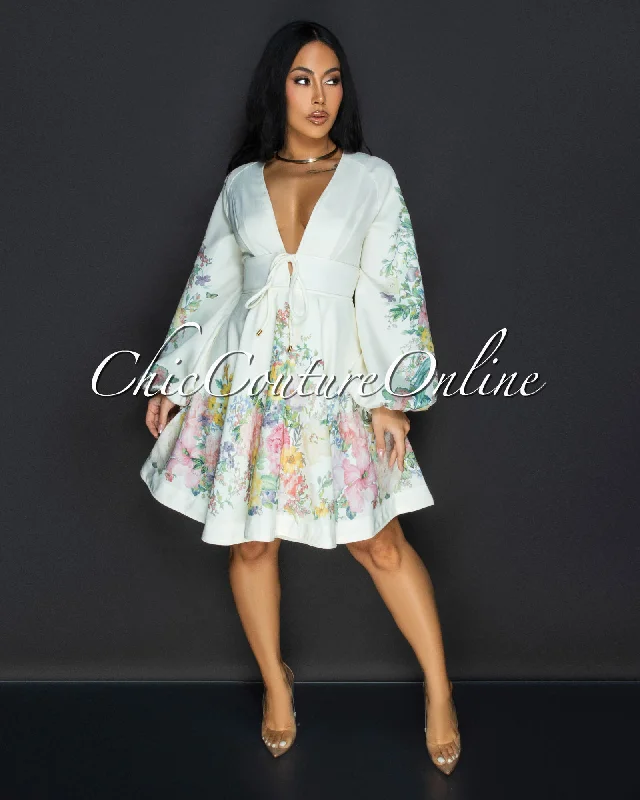 Cheryl Cream Multi-Color Floral Print Bubble Sleeves Dress