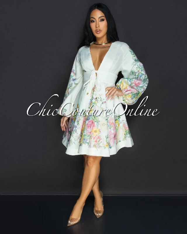 Cheryl Cream Multi-Color Floral Print Bubble Sleeves Dress