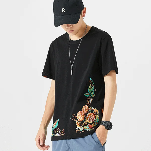 Floral Embroidery 100% Cotton Short Sleeve Unisex T-shirt