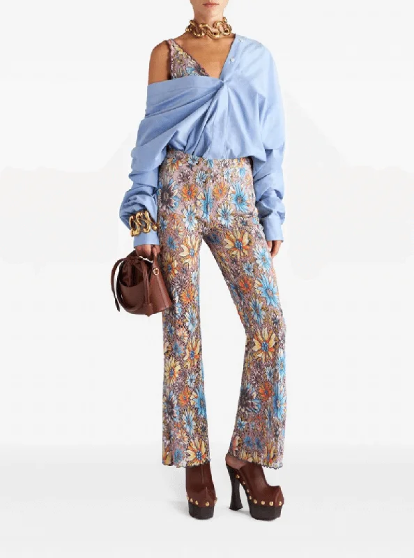 floral-print lace flared trousers