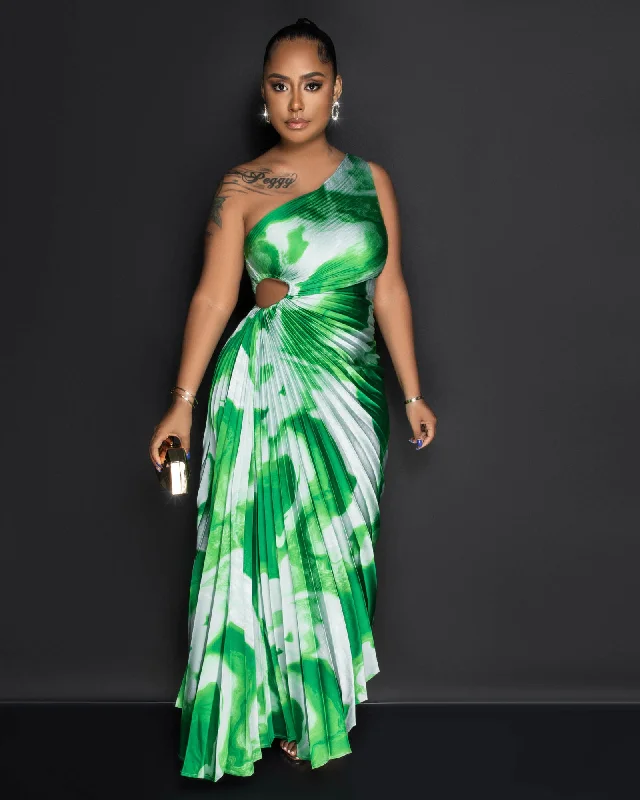 Hilary Green Print Pleated Single Shoulder Maxi Dress