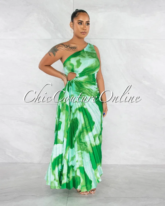 Hilary Green Print Pleated Single Shoulder Maxi Dress