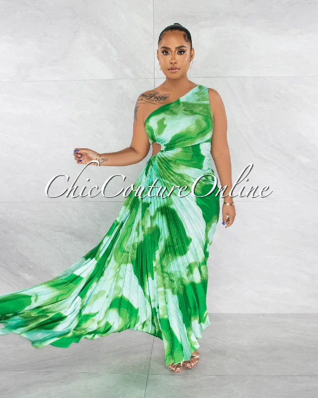 Hilary Green Print Pleated Single Shoulder Maxi Dress