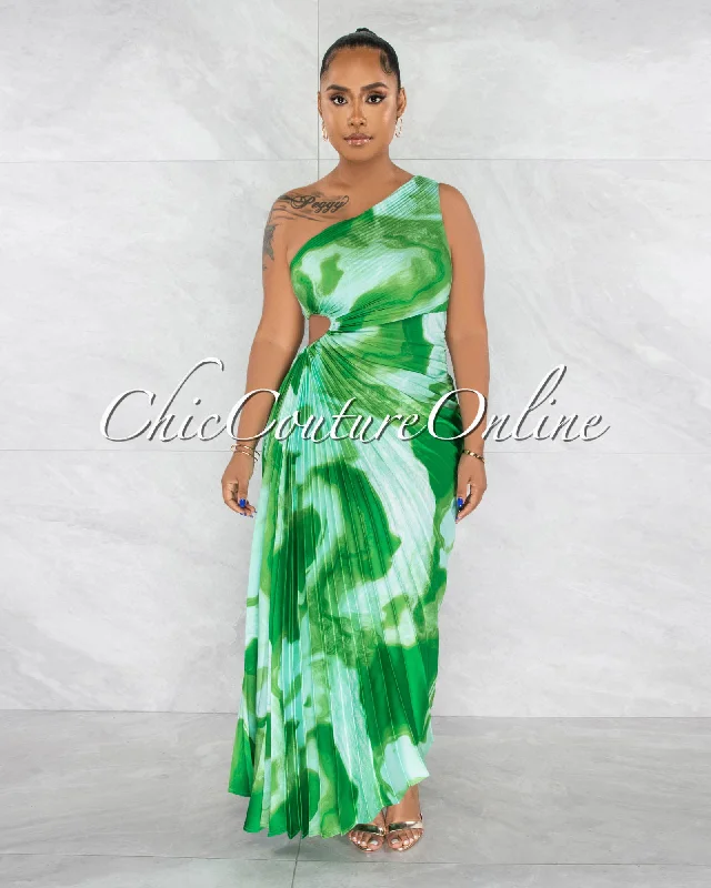 Hilary Green Print Pleated Single Shoulder Maxi Dress