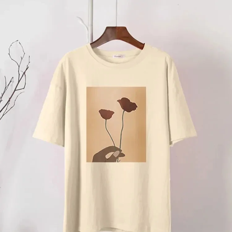 Hirsionsan Elegant Flower Graphic T-shirts Women Summer Soft Short Sleeve Basic