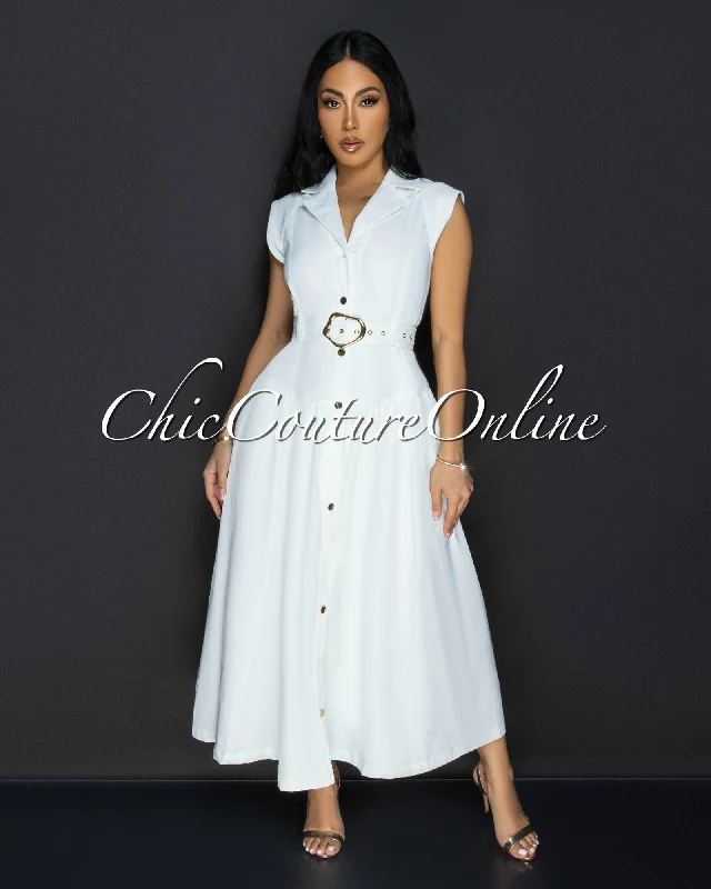 Kahina White Belted Midi Dress