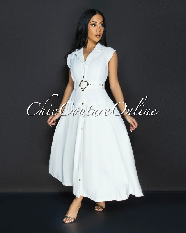 Kahina White Belted Midi Dress