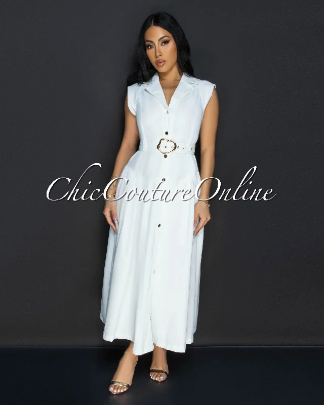 Kahina White Belted Midi Dress