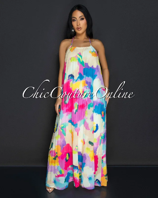 Kini Multi-Color Floral Print Halter Maxi Dress