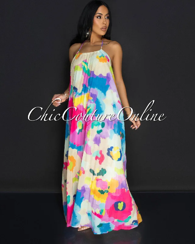 Kini Multi-Color Floral Print Halter Maxi Dress