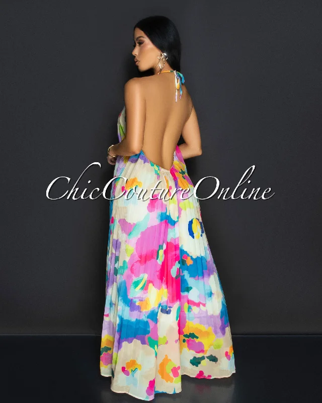 Kini Multi-Color Floral Print Halter Maxi Dress