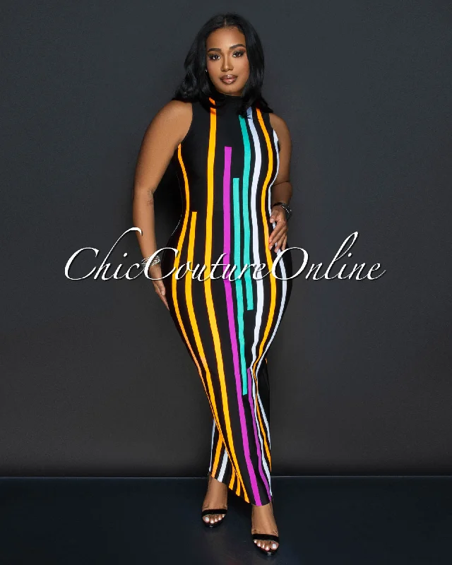 Loki Black Neon Color Block Bandage Midi Dress