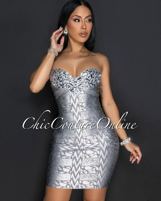 Lumini Silver Metallic Rhinestones Bandage Mini Dress