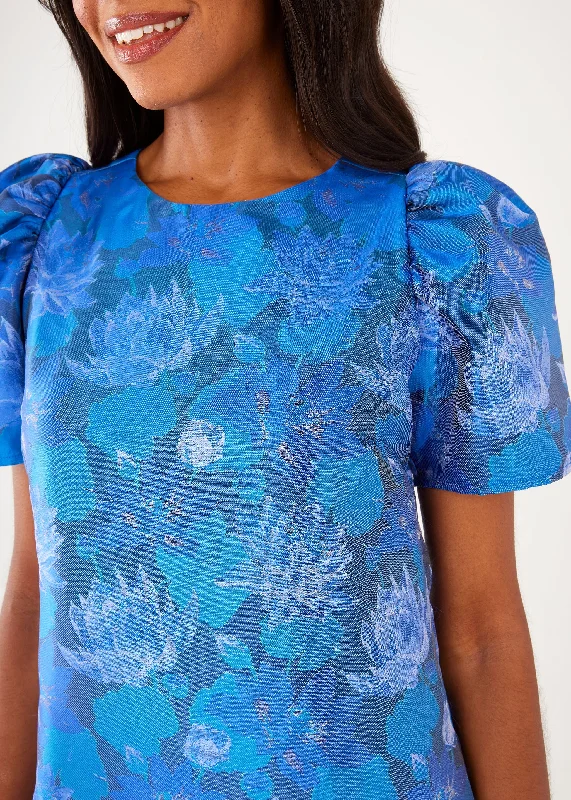 Marty Dress Blue Floral Silhouette Jacquard