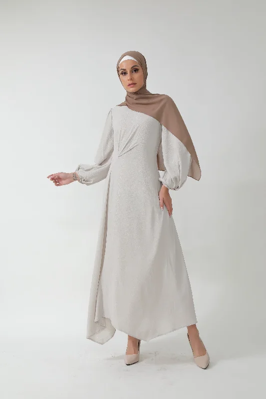 Beige Metallic Pinstripe Long Sleeve Maxi Dress