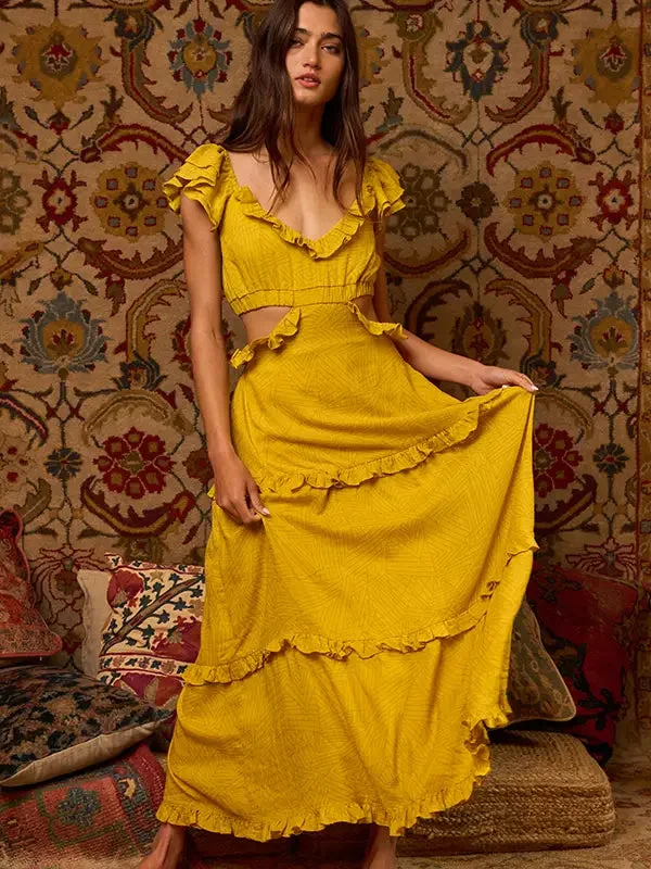 Mustard Cut Out Flutter Maxi Dress