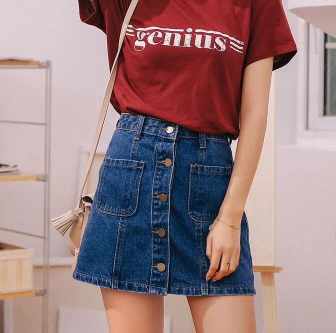 Single Button Pockets Denim Skirt