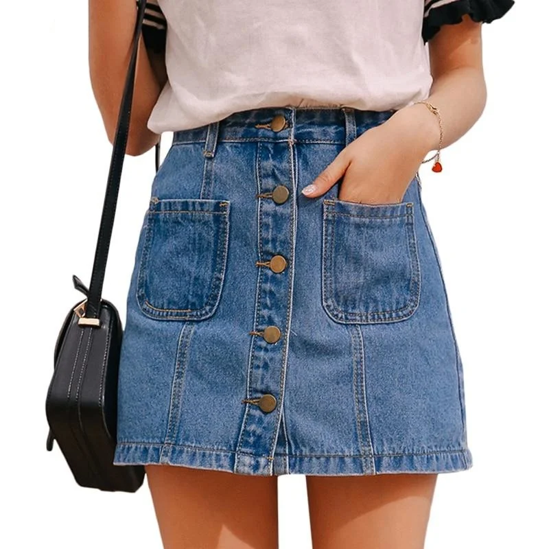 Single Button Pockets Denim Skirt