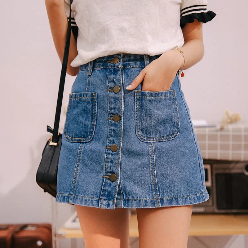 Single Button Pockets Denim Skirt