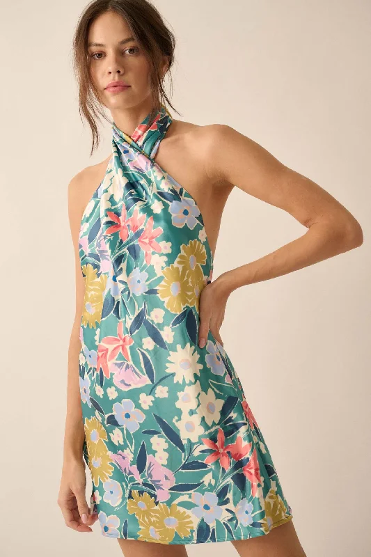 Terrific Teal Floral Satin Cross-Front Mini Dress