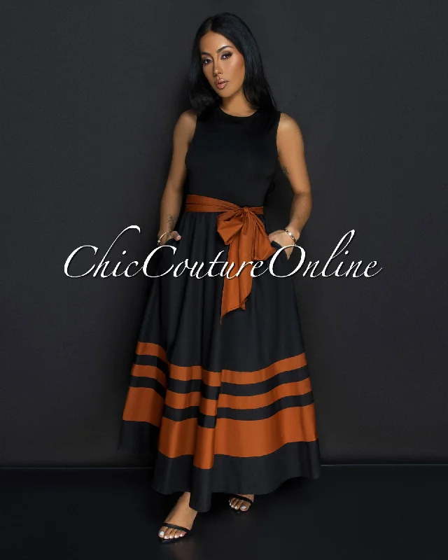 Yalana Black Brown Accent Belt Maxi Dress