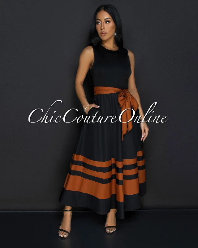 Yalana Black Brown Accent Belt Maxi Dress