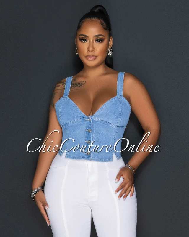 Alona Light Denim Buttons Crop Bustier