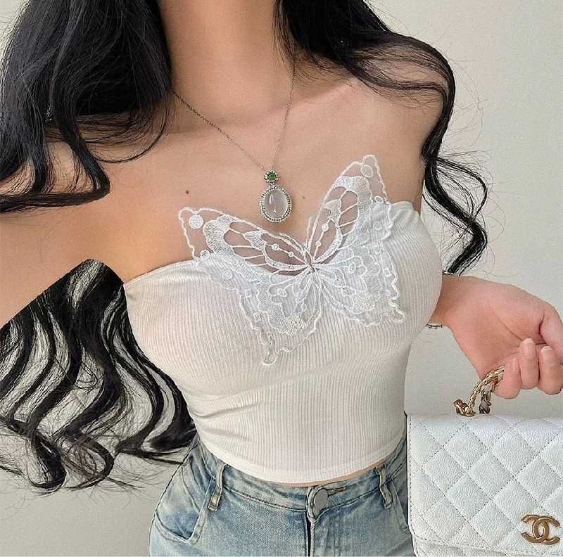 Betty Solid Color Sleeveless Top, Lace Butterfly Patch Decor Slim Crop Top for Women, Cute Tube Top