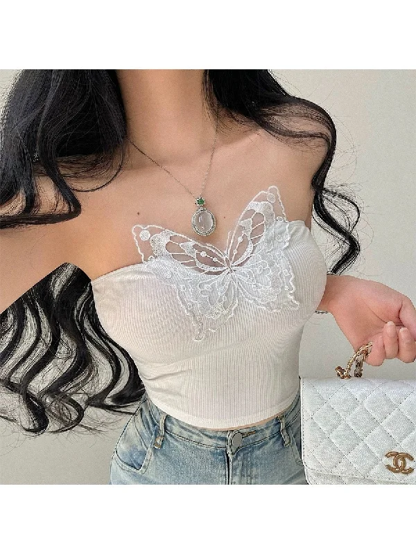 Betty Solid Color Sleeveless Top, Lace Butterfly Patch Decor Slim Crop Top for Women, Cute Tube Top