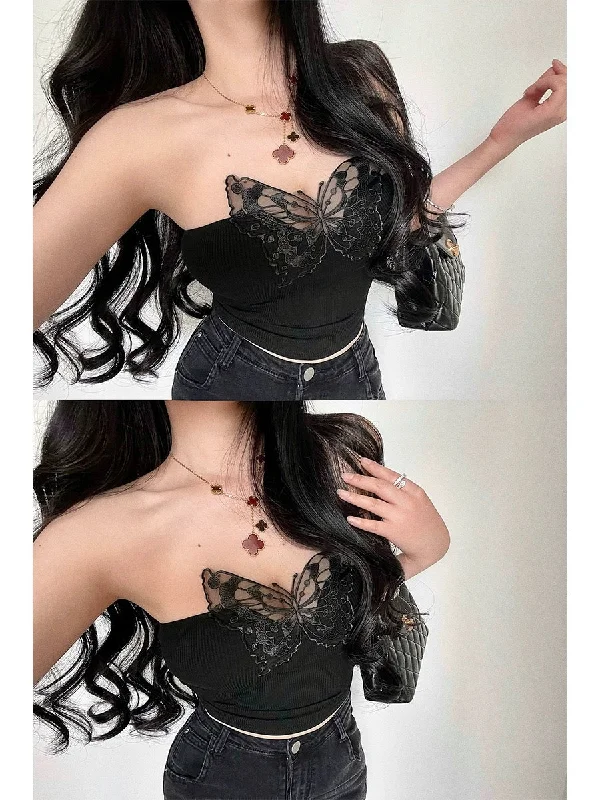 Betty Solid Color Sleeveless Top, Lace Butterfly Patch Decor Slim Crop Top for Women, Cute Tube Top