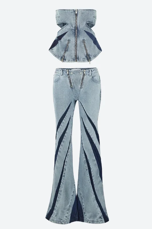 Blue / SET- Cut Out Tube Top & Patch Jeans / S