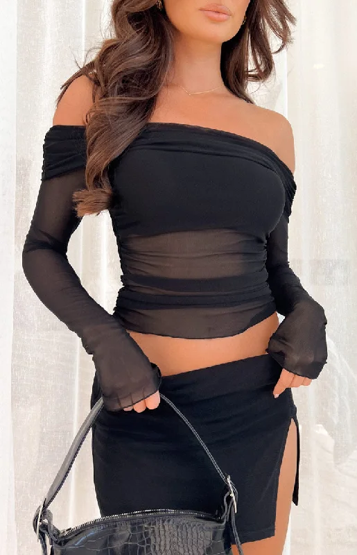 Sky Black Mesh Off Shoulder Top