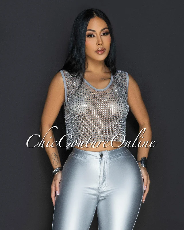 Vazy Grey Rhinestones Mesh Top