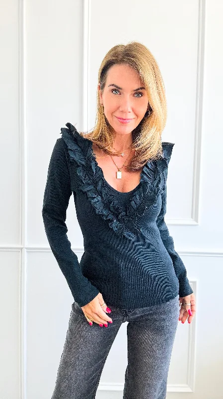 Whimsical Ruffle Italian Pullover- Black