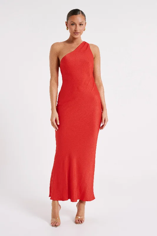 Alejandra One Shoulder Satin Maxi Dress - Vermilion Red