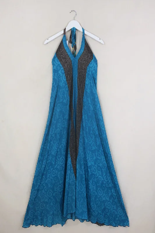 SALE Athena Maxi Dress - Vintage Sari - Blue & Bronze Swirls - Free Size M/L