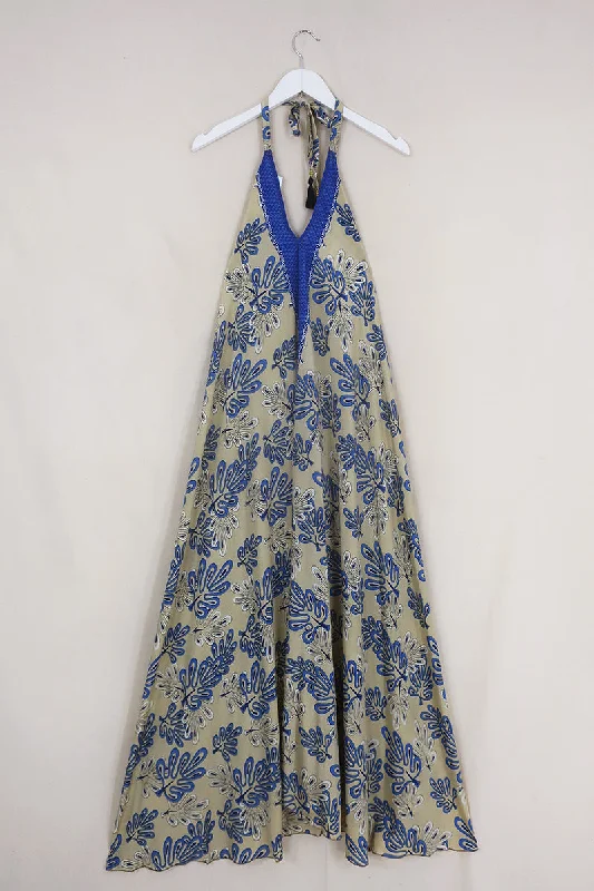 SALE Athena Maxi Dress - Vintage Sari - Ecru & Blue Abstract Trees - Free Size M/L