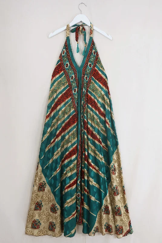 Athena Maxi Dress - Vintage Sari - Lake Green Kilim Stripe - Free Size L/XL