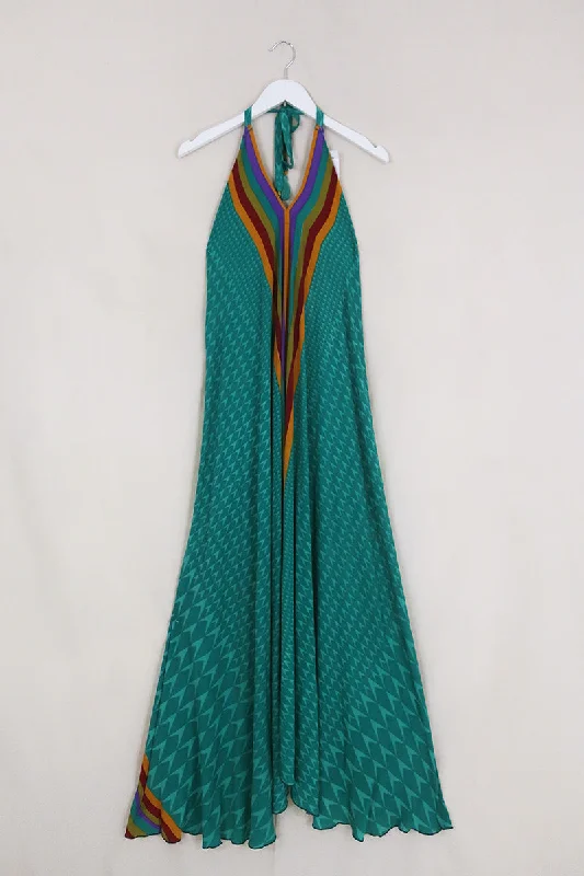 Athena Maxi Dress - Vintage Sari - Mermaid Green Stripe - Free Size M/L