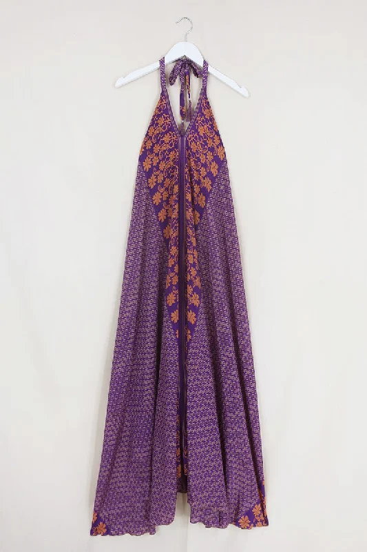 Athena Maxi Dress - Vintage Sari - Plum & Honey Floral - Free Size M/L